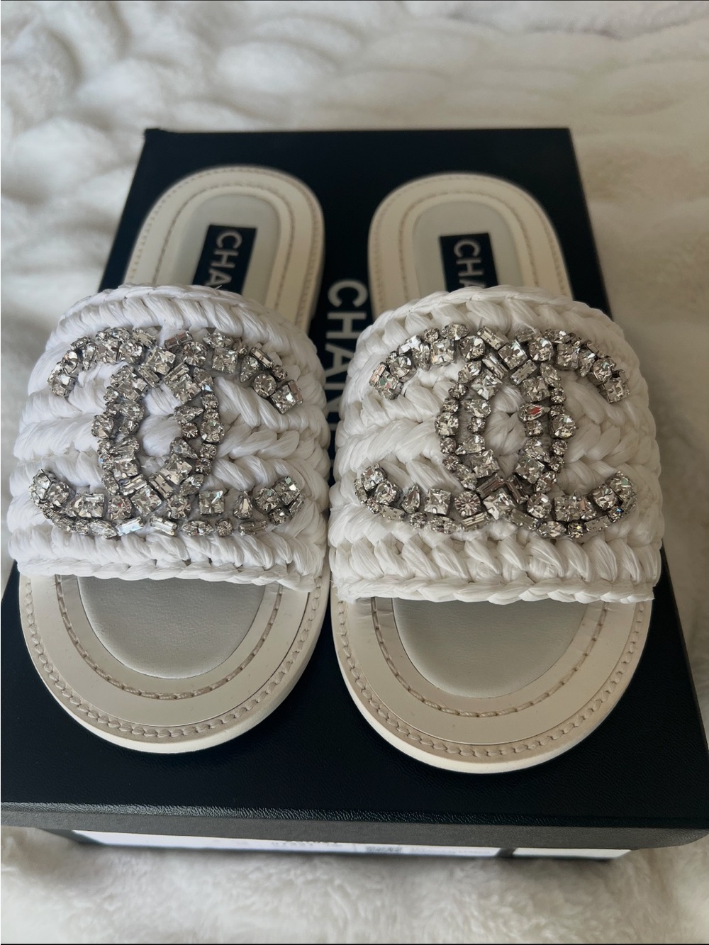 CHANEL White Braided Crystal CC Logo Slide Sandals